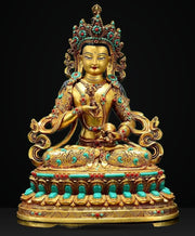 Vajrasattva Statue | Full Gilded Copper Buddha with Gem Inlay | Tibetan Buddhist Home Altar Decor