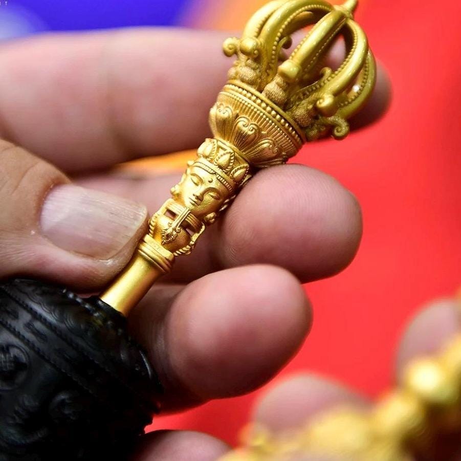 Handcrafted Tibetan Brass Bell 5 or 9 prong Dorje Set