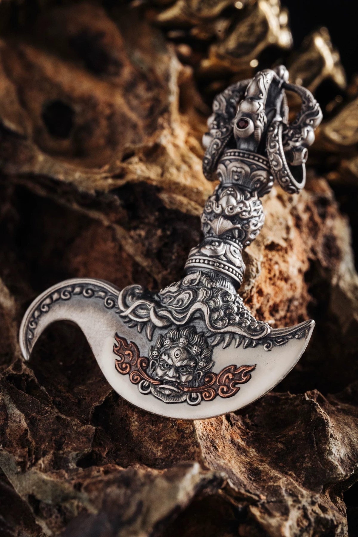 Tibetan Mahākāla Vajra Axe Pendant Sterling Silver Amulet Necklace
