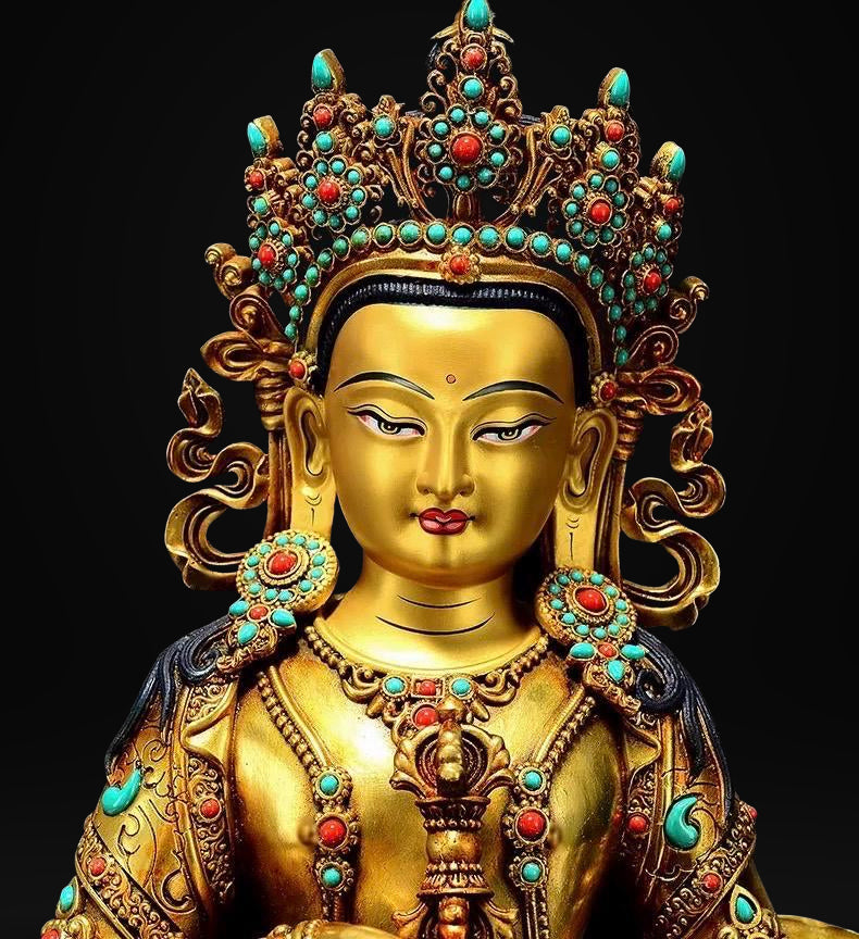 Vajrasattva Statue | Full Gilded Copper Buddha with Gem Inlay | Tibetan Buddhist Home Altar Decor