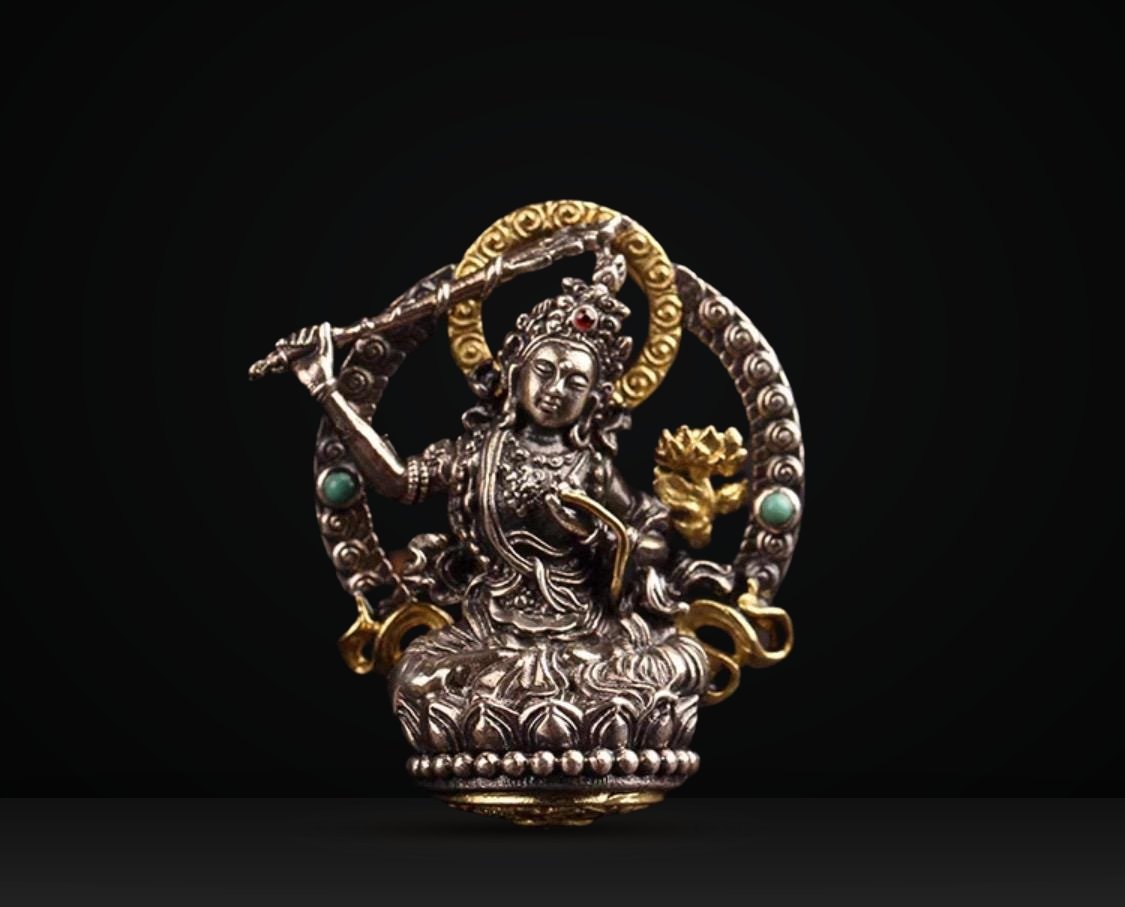 Silver Manjushri Bodhisattva Pendant with gold plated parts
