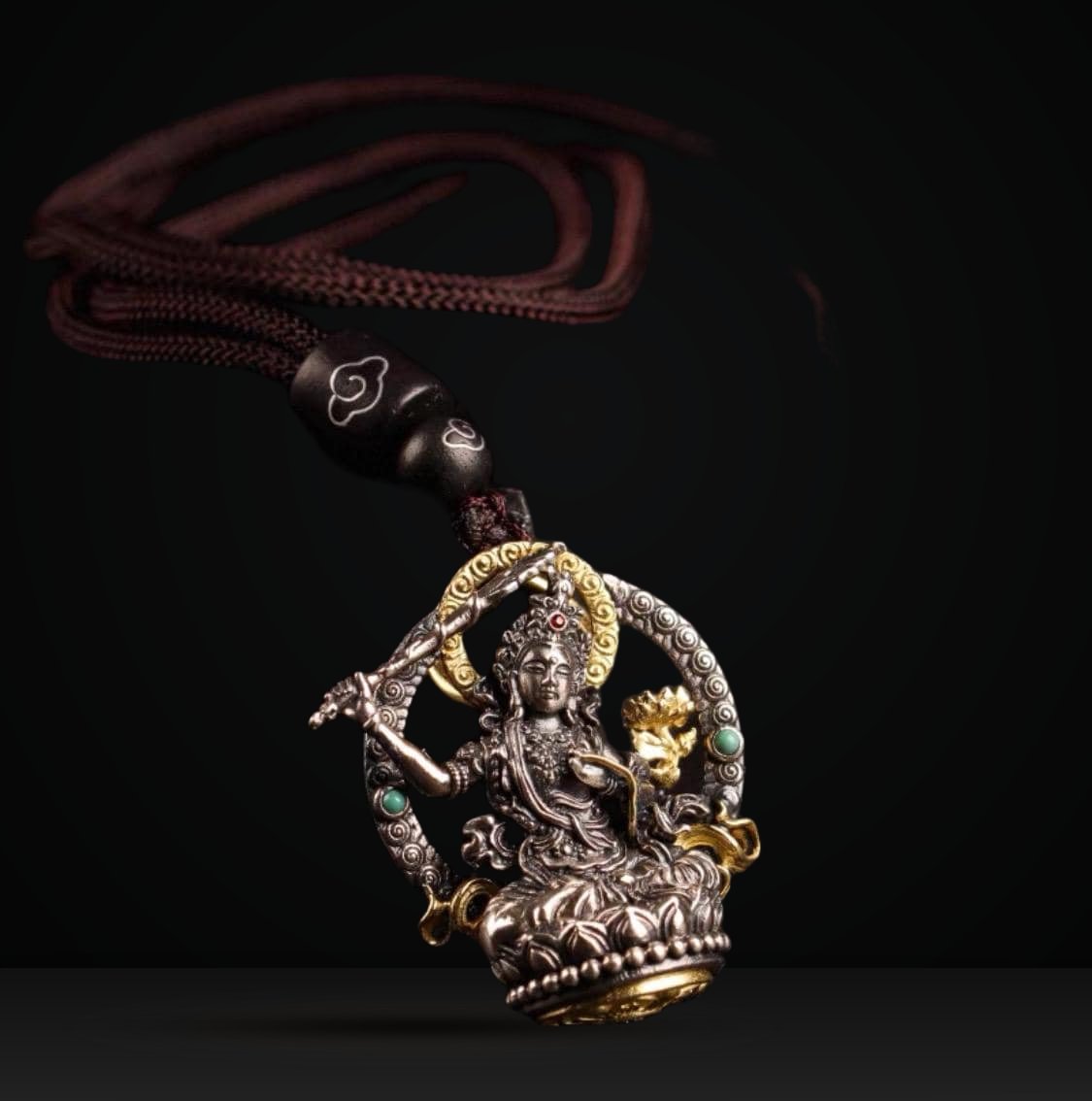 Silver Manjushri Bodhisattva Pendant with gold plated parts