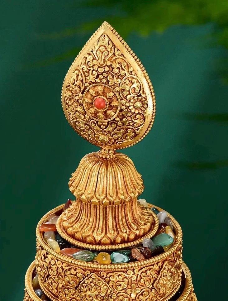 Handmade Brass Mandala Offering Set: Tibetan Auspicious Symbols, Gemstones