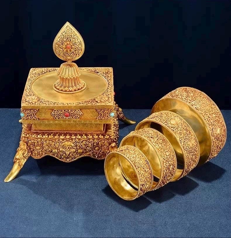 Handmade Brass Mandala Offering Set: Tibetan Auspicious Symbols, Gemstones