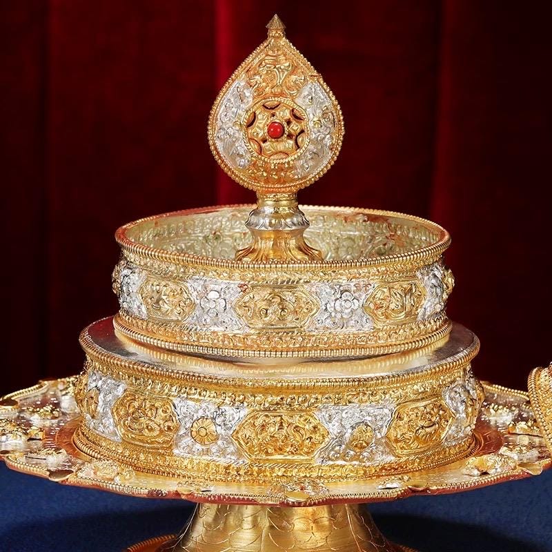 Handmade Brass Mandala Offering Set: Tibetan Auspicious Symbols, Gemstones