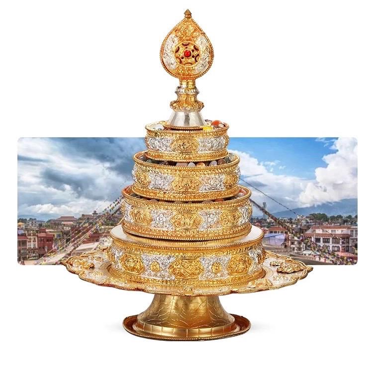 Handmade Brass Mandala Offering Set: Tibetan Auspicious Symbols, Gemstones