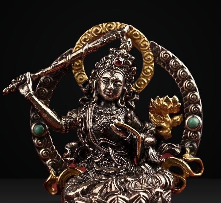 Silver Manjushri Bodhisattva Pendant with gold plated parts