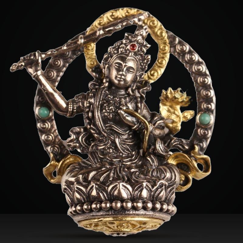 Silver Manjushri Bodhisattva Pendant with gold plated parts