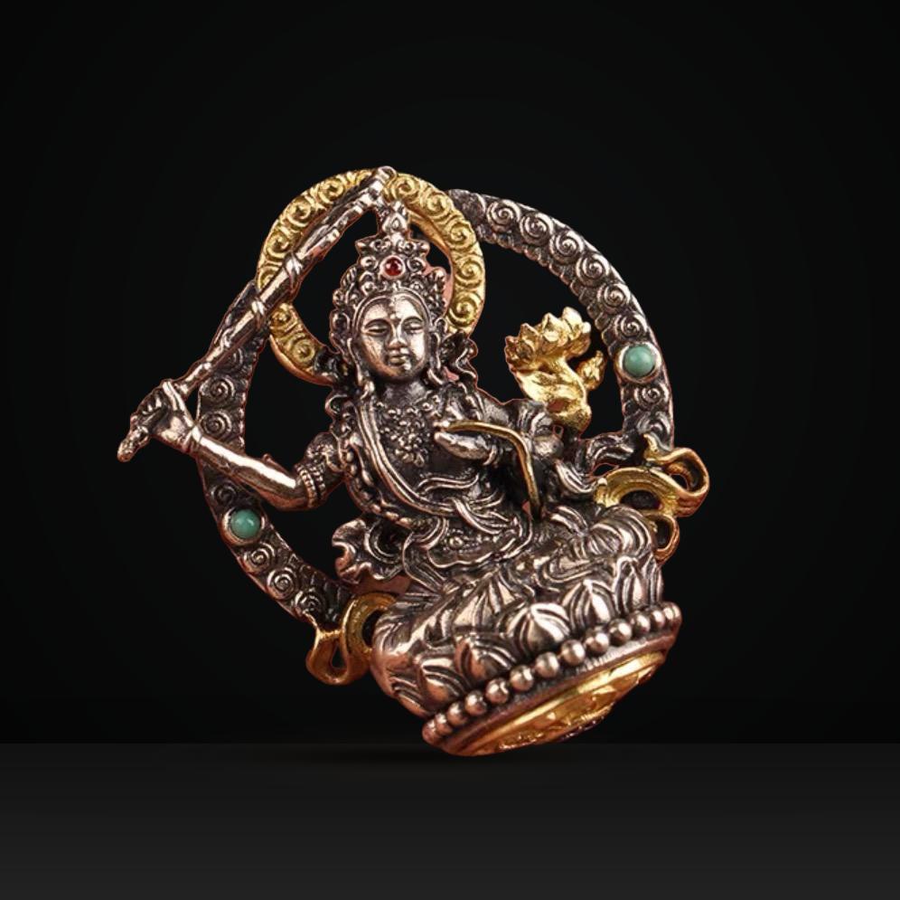 Silver Manjushri Bodhisattva Pendant with gold plated parts