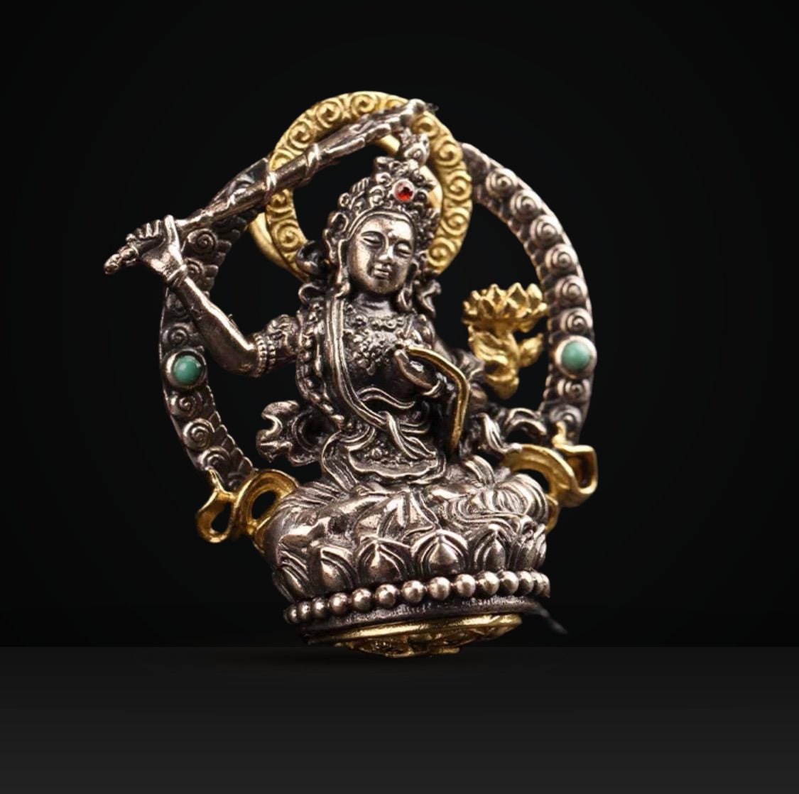 Silver Manjushri Bodhisattva Pendant with gold plated parts