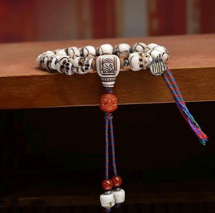 Handcrafted Tibetan Skull Mala Bracelet Yak Bone Amulet Beads