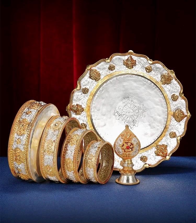 Handmade Brass Mandala Offering Set: Tibetan Auspicious Symbols, Gemstones