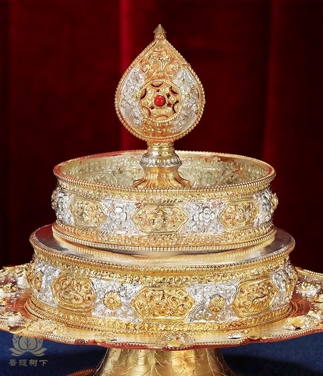 Handmade Brass Mandala Offering Set: Tibetan Auspicious Symbols, Gemstones