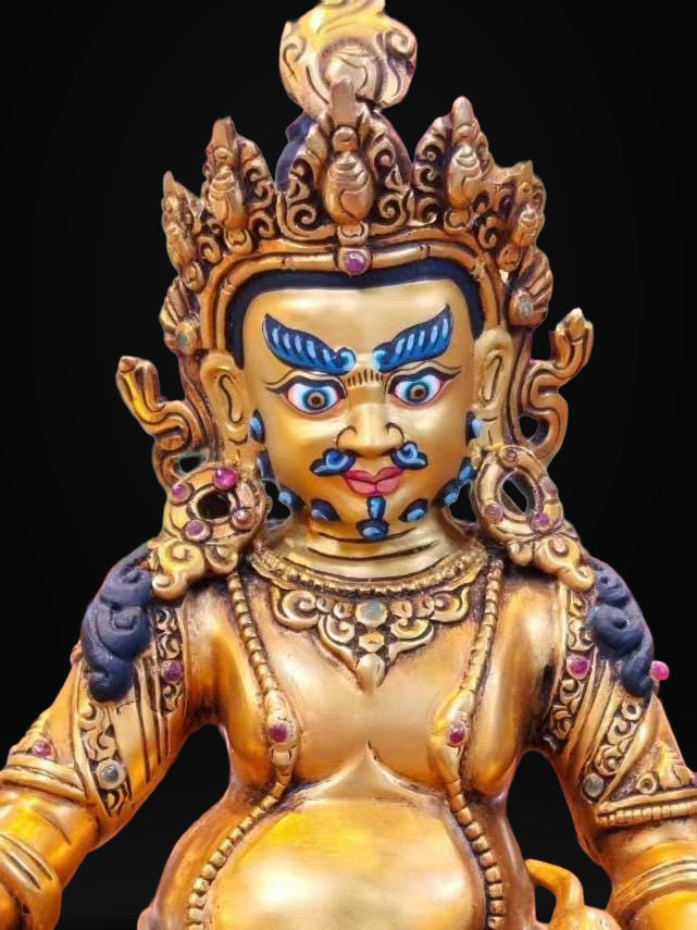 7” Yellow Dzambhala Statue | Handcrafted Nepalese Copper Jambhala | Gold-Gilded Wealth Deity Sculpture | Prosperity & Abundance Decor