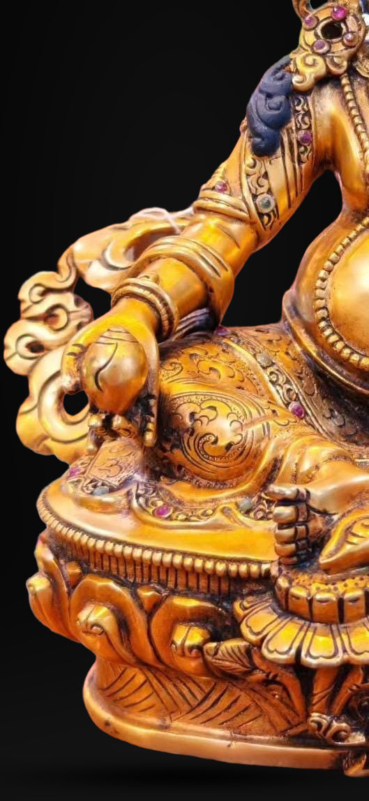 7” Yellow Dzambhala Statue | Handcrafted Nepalese Copper Jambhala | Gold-Gilded Wealth Deity Sculpture | Prosperity & Abundance Decor