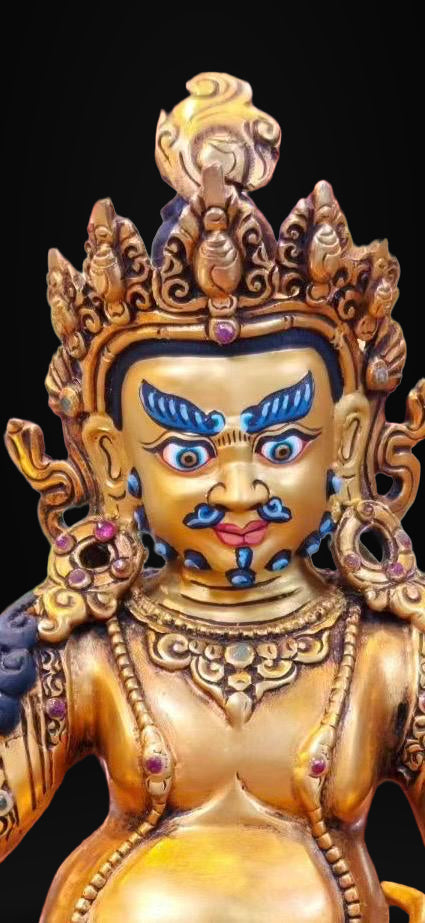 7” Yellow Dzambhala Statue | Handcrafted Nepalese Copper Jambhala | Gold-Gilded Wealth Deity Sculpture | Prosperity & Abundance Decor