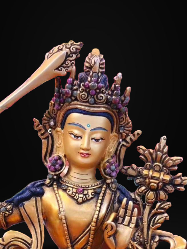 7” Manjushri Statue | Handcrafted Nepalese Copper Bodhisattva of Wisdom | Gold-Gilded Manjusri Sculpture for Clarity & Insight