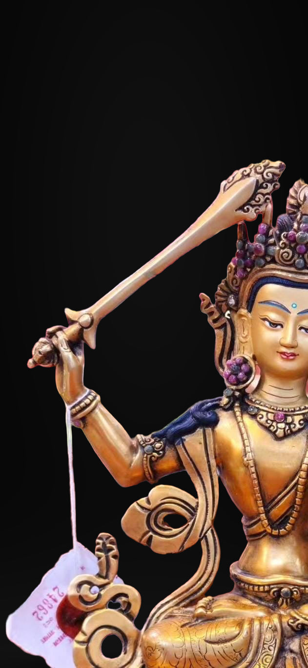 7” Manjushri Statue | Handcrafted Nepalese Copper Bodhisattva of Wisdom | Gold-Gilded Manjusri Sculpture for Clarity & Insight