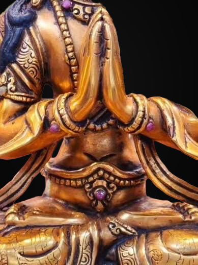7” Four-Armed Avalokiteshvara Statue | Handcrafted Nepalese Copper Chenrezig | Gold-Gilded Compassion Buddha Sculpture