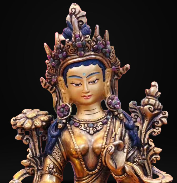 Green Tara Statue • 24k Gold Gilded Syamatara • Pure Copper Tibetan Buddhist Goddess • Handcrafted Nepal Art