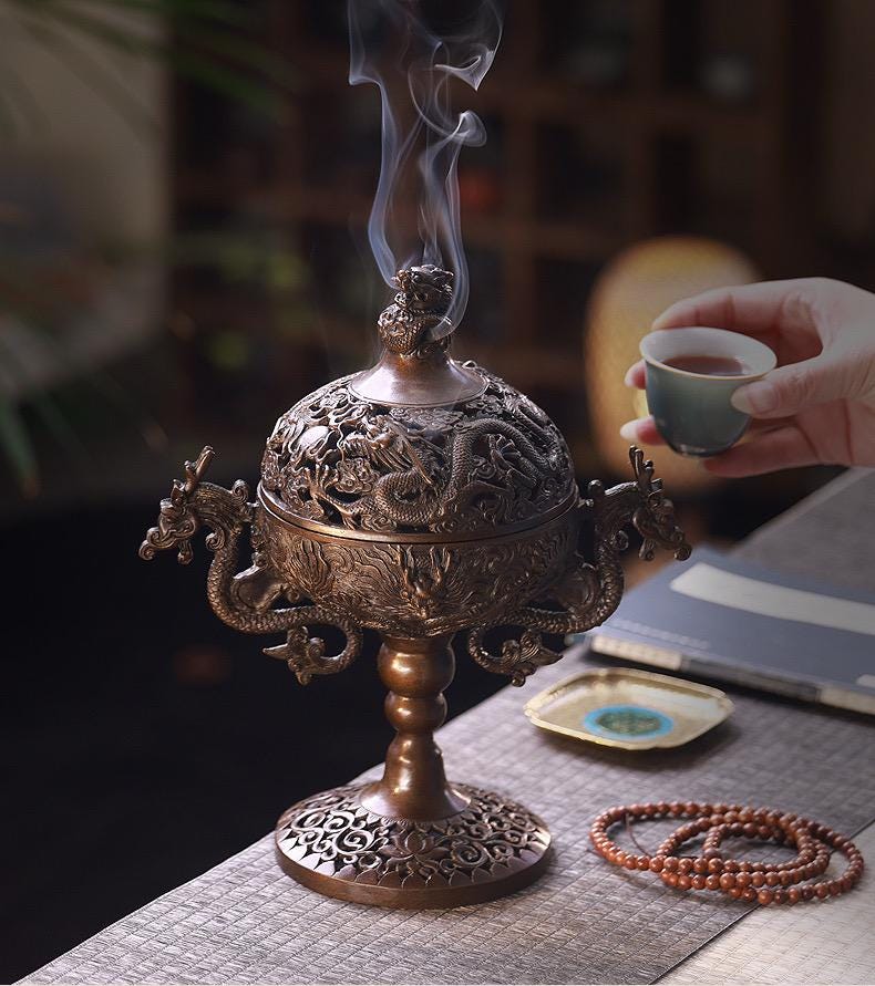 Chinese Bronze Incense Burner for Coil and Stick Incense, Antique Home Sanctuary Decor