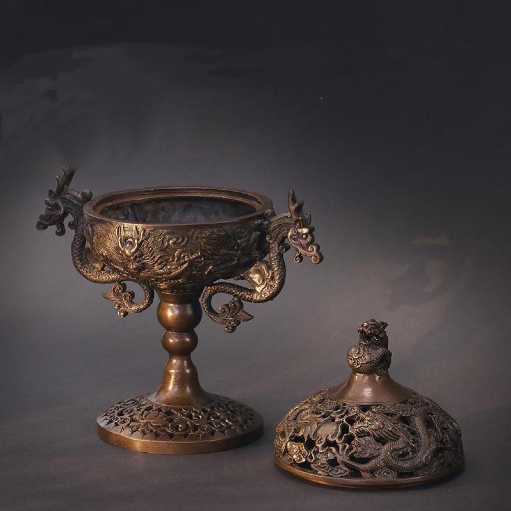 Chinese Bronze Incense Burner for Coil and Stick Incense, Antique Home Sanctuary Decor