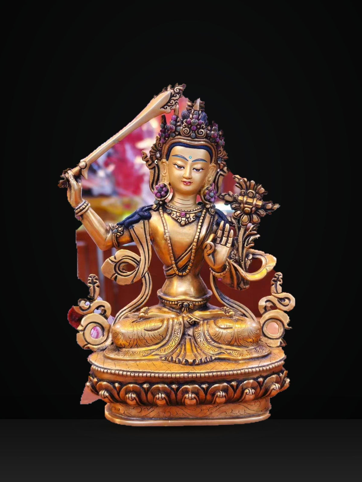 7” Manjushri Statue | Handcrafted Nepalese Copper Bodhisattva of Wisdom | Gold-Gilded Manjusri Sculpture for Clarity & Insight