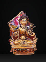 7” Manjushri Statue | Handcrafted Nepalese Copper Bodhisattva of Wisdom | Gold-Gilded Manjusri Sculpture for Clarity & Insight