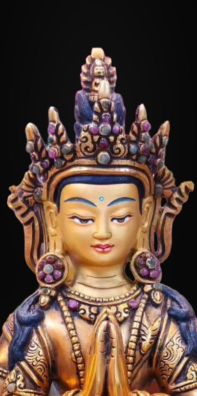 7” Four-Armed Avalokiteshvara Statue | Handcrafted Nepalese Copper Chenrezig | Gold-Gilded Compassion Buddha Sculpture