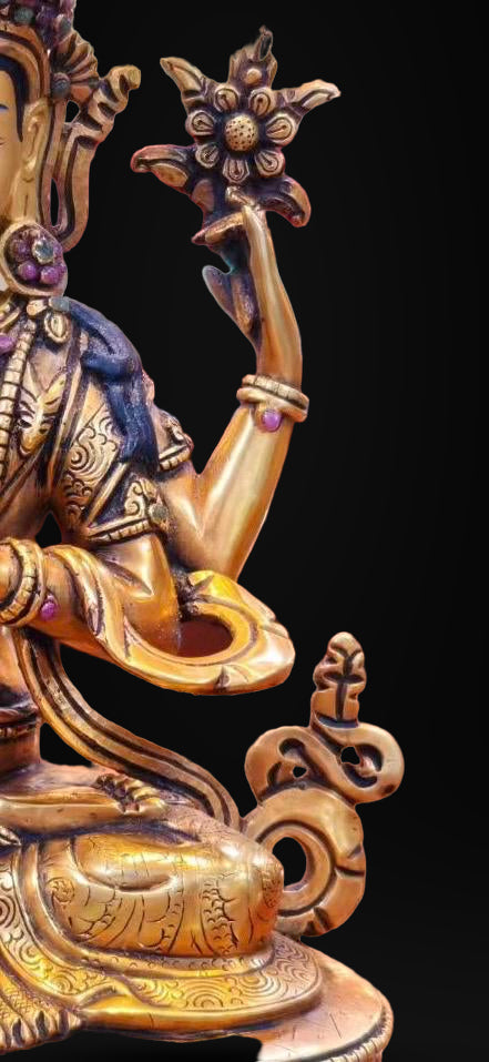 7” Four-Armed Avalokiteshvara Statue | Handcrafted Nepalese Copper Chenrezig | Gold-Gilded Compassion Buddha Sculpture