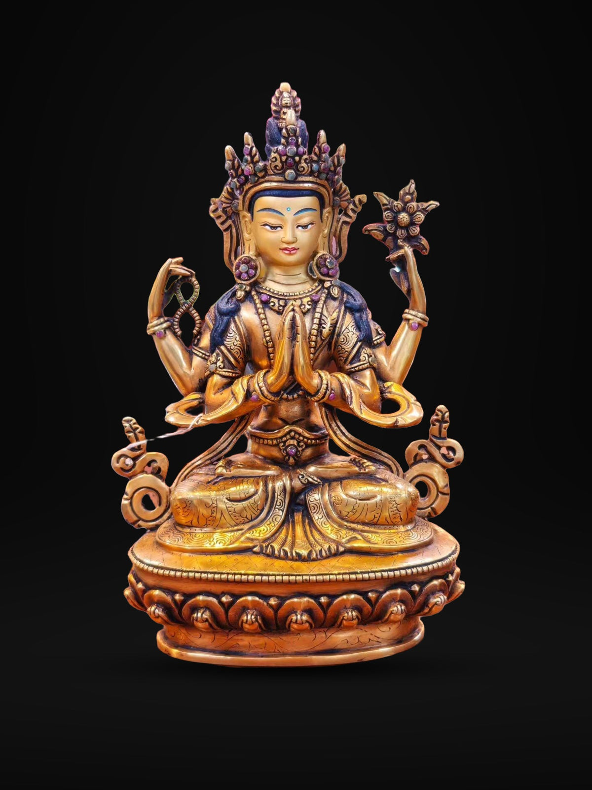 7” Four-Armed Avalokiteshvara Statue | Handcrafted Nepalese Copper Chenrezig | Gold-Gilded Compassion Buddha Sculpture