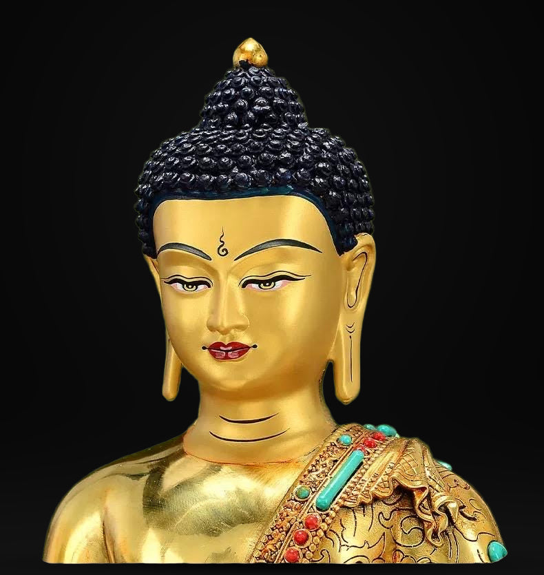 Full Gold-Plated Shakyamuni Buddha Statue with Tibetan Bead Inlays | Handmade Copper Buddhist Statue