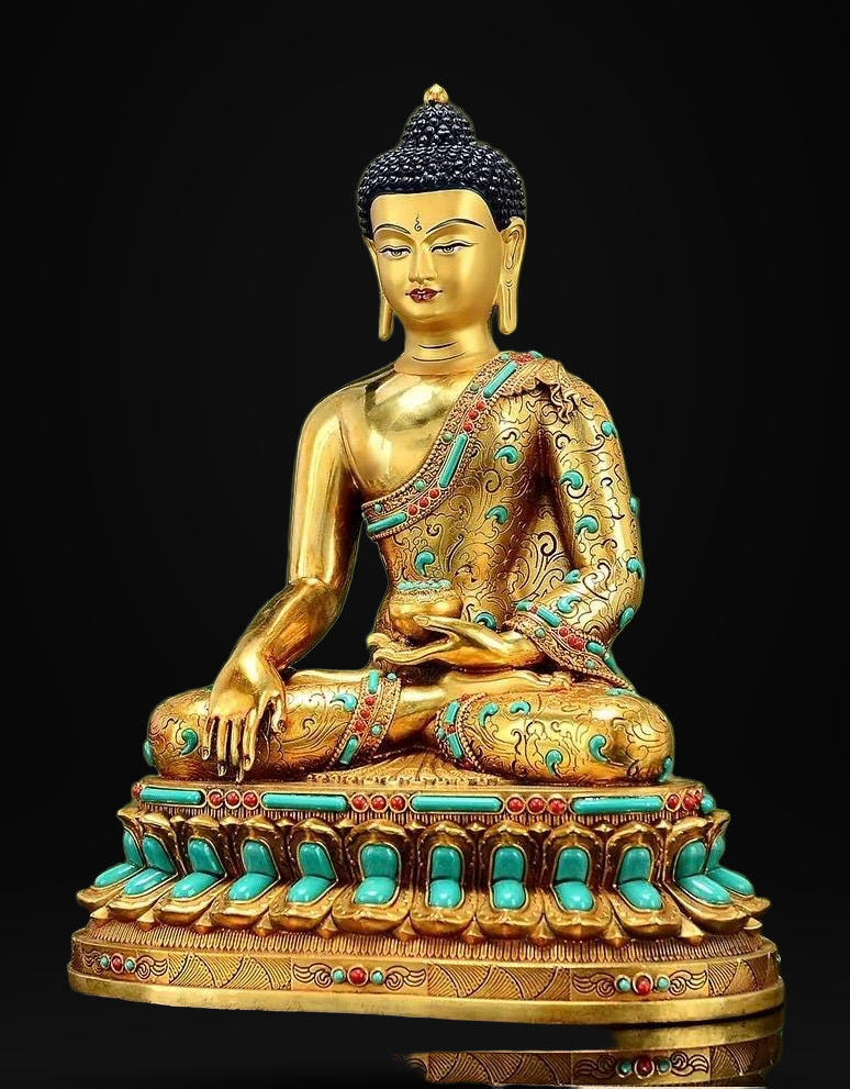 Full Gold-Plated Shakyamuni Buddha Statue with Tibetan Bead Inlays | Handmade Copper Buddhist Statue