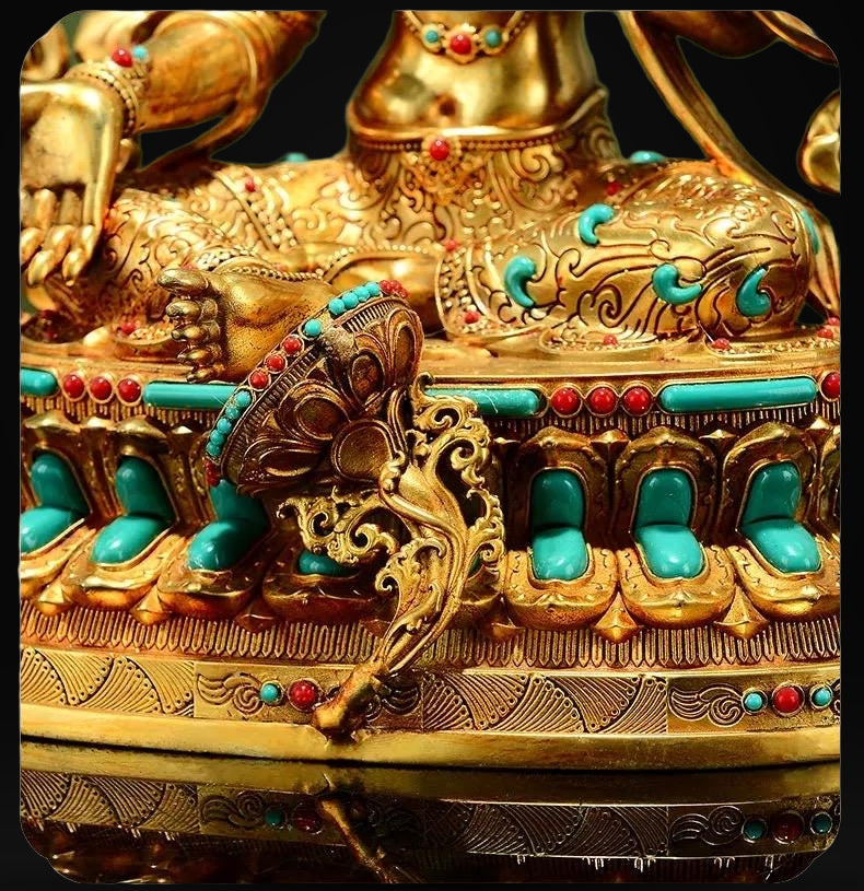 Full Gilded Green Tara Statue | Copper Buddhist Deity with Gem Inlay