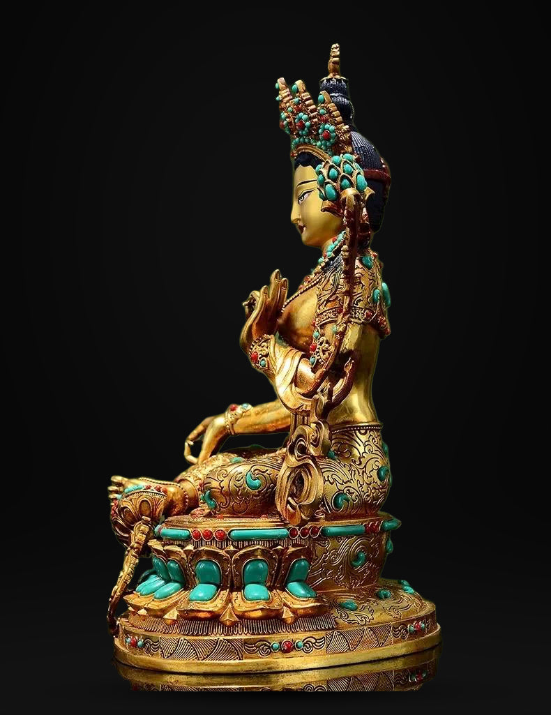 Full Gilded Green Tara Statue | Copper Buddhist Deity with Gem Inlay