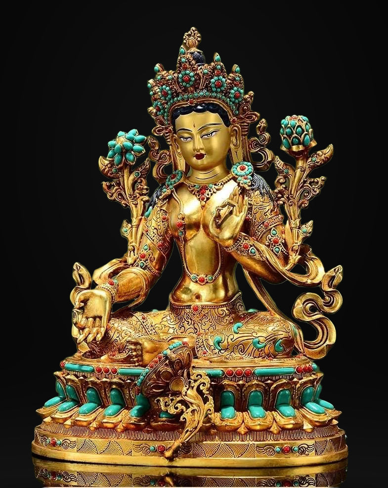 Full Gilded Green Tara Statue | Copper Buddhist Deity with Gem Inlay