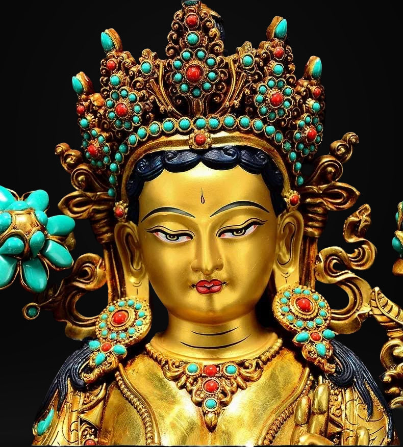 Full Gilded Green Tara Statue | Copper Buddhist Deity with Gem Inlay