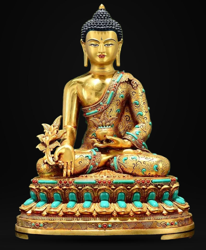 Full Gilded Medicine Buddha Statue | Copper Bhaisajyaguru with Gem Inlay