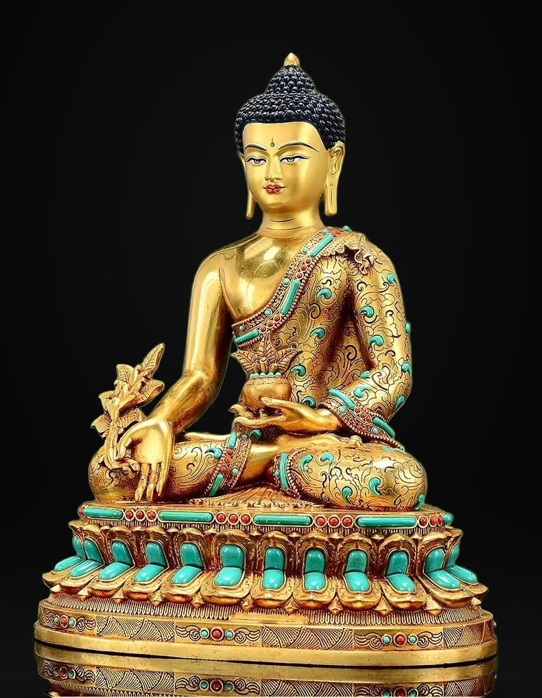 Full Gilded Medicine Buddha Statue | Copper Bhaisajyaguru with Gem Inlay