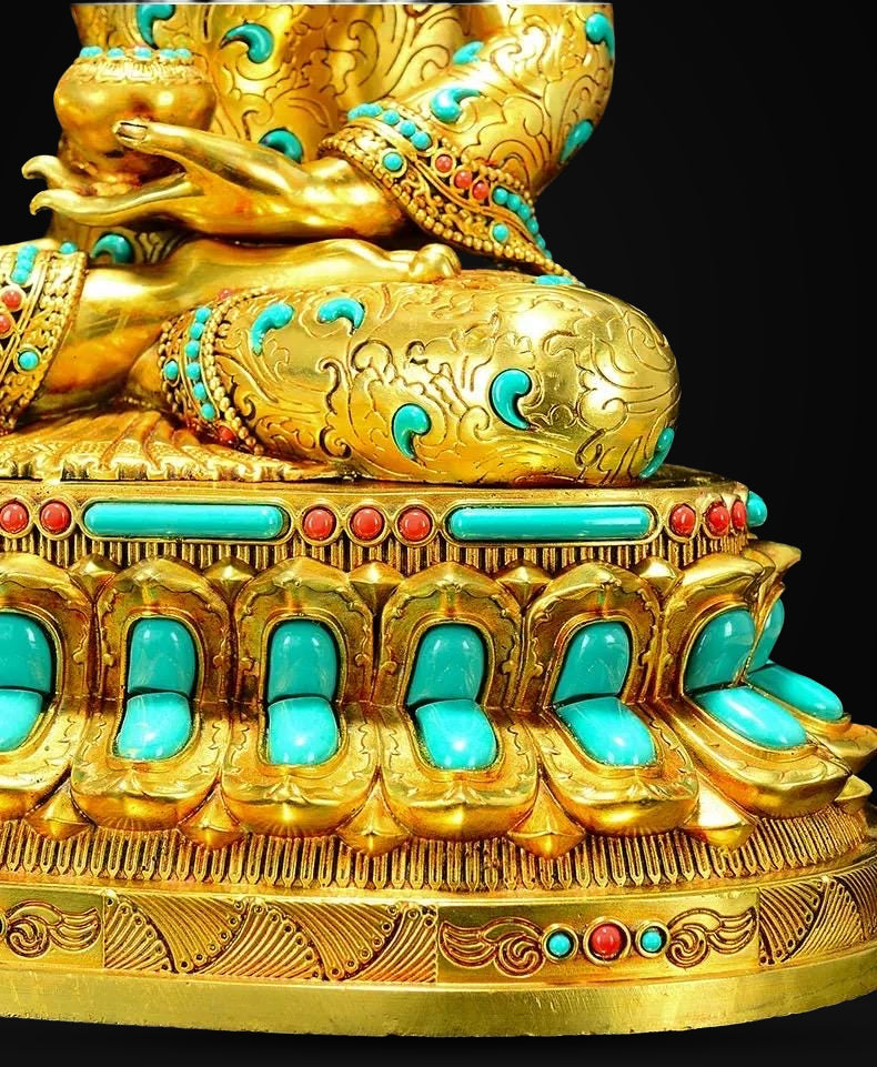 Full Gilded Medicine Buddha Statue | Copper Bhaisajyaguru with Gem Inlay