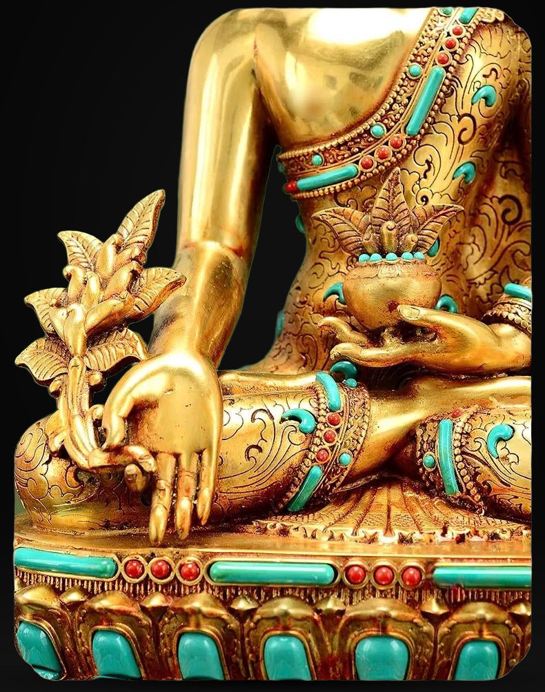 Full Gilded Medicine Buddha Statue | Copper Bhaisajyaguru with Gem Inlay