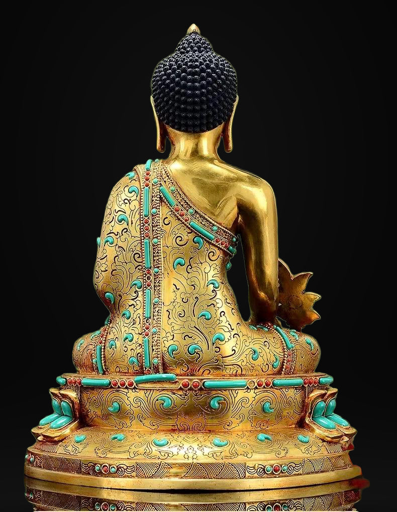 Full Gilded Medicine Buddha Statue | Copper Bhaisajyaguru with Gem Inlay