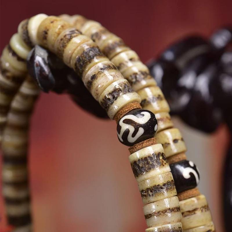 Old Tibetan 108 Yak Bone Mala - Vintage Skull Shape Kapala Prayer Beads for Meditation, Buddhist Rosary with Citipati Accent