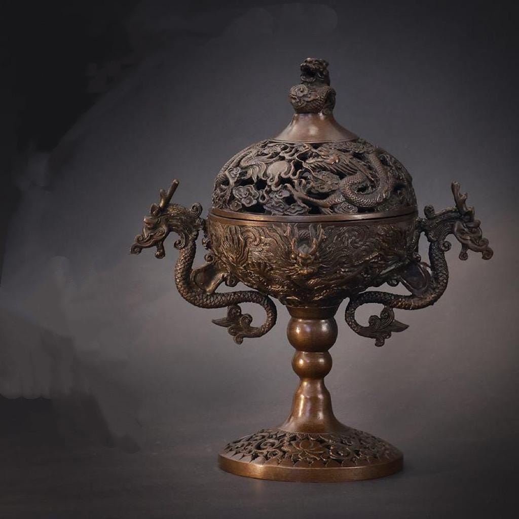 Chinese Bronze Incense Burner for Coil and Stick Incense, Antique Home Sanctuary Decor