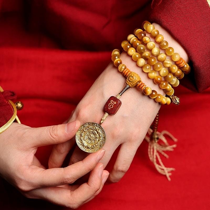 Original Tibetan Style 108 Strand Natural Golden Tiger's Eye Buddha Beads Bracelet Necklace, Unisex Adjustable Mala for Men Women