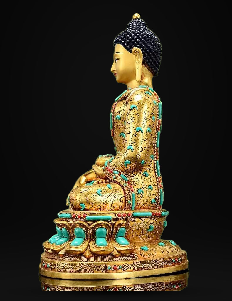 Full Gold-Plated Shakyamuni Buddha Statue with Tibetan Bead Inlays | Handmade Copper Buddhist Statue