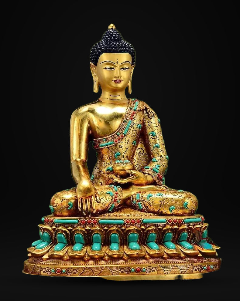 Full Gold-Plated Shakyamuni Buddha Statue with Tibetan Bead Inlays | Handmade Copper Buddhist Statue