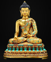 Full Gold-Plated Shakyamuni Buddha Statue with Tibetan Bead Inlays | Handmade Copper Buddhist Statue