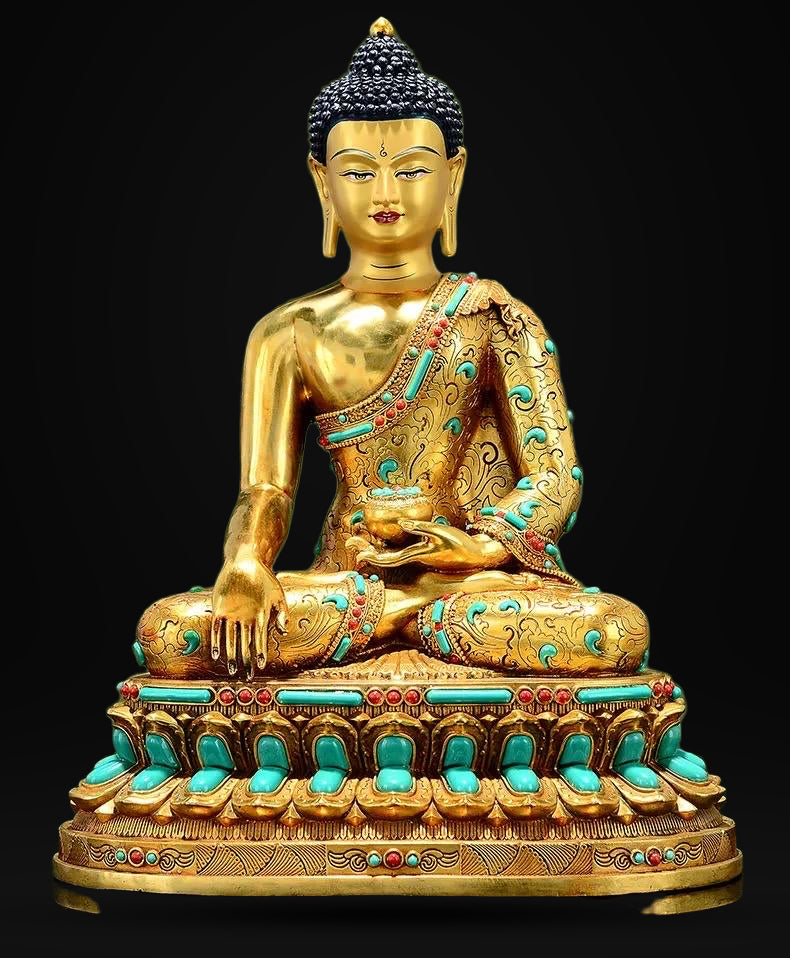 Full Gold-Plated Shakyamuni Buddha Statue with Tibetan Bead Inlays | Handmade Copper Buddhist Statue