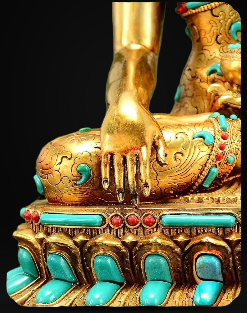 Full Gold-Plated Shakyamuni Buddha Statue with Tibetan Bead Inlays | Handmade Copper Buddhist Statue